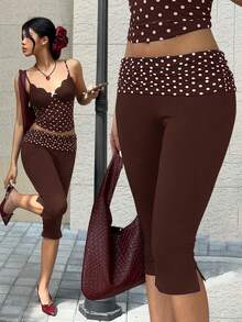 MainGRL Pink Polka Dot Side Slit Casual Slim Fit Brown 7/8 Pants, Women, New Year Casual Wear - Multicolor - View 1