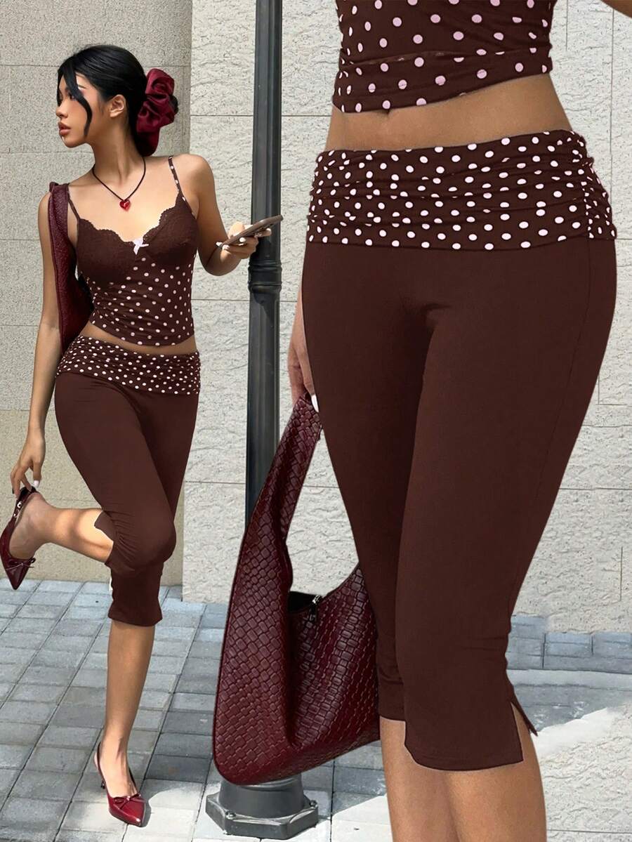 MainGRL Pink Polka Dot Side Slit Casual Slim Fit Brown 7/8 Pants, Women, New Year Casual Wear - Multicolor - View 1