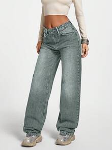 LOW WAIST CASUAL STYLE DENIM STRAIGHT - Teal Blue - View 4