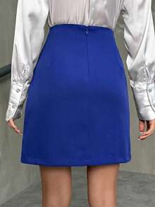 EURMUSE Women's Solid Color Slim Fit Minimalist Design Slit Skirt - Royal Blue - View 2