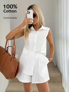100% Cotton Casual Loose Elegant Commuter Vacation 2 Pieces Set: Collared Button-Front Sleeveless Shirt And Elastic Waist Pocket Wide Leg Shorts, Spring/Summer Casual Summer Outfits Women Cotton Women's Clothes Causal Dresses For Women Summer Casual Outfits For Women Casual Outfit For Women Dress Women Vacation Outfit Sets Women Casual Outfits Women's Summer Outfits Women's Summer Co Ord Casual Dresses For Women Casual Summer Dress Coords For Women Summer Outfit Linen Sets For Women Vacation - White - View 1