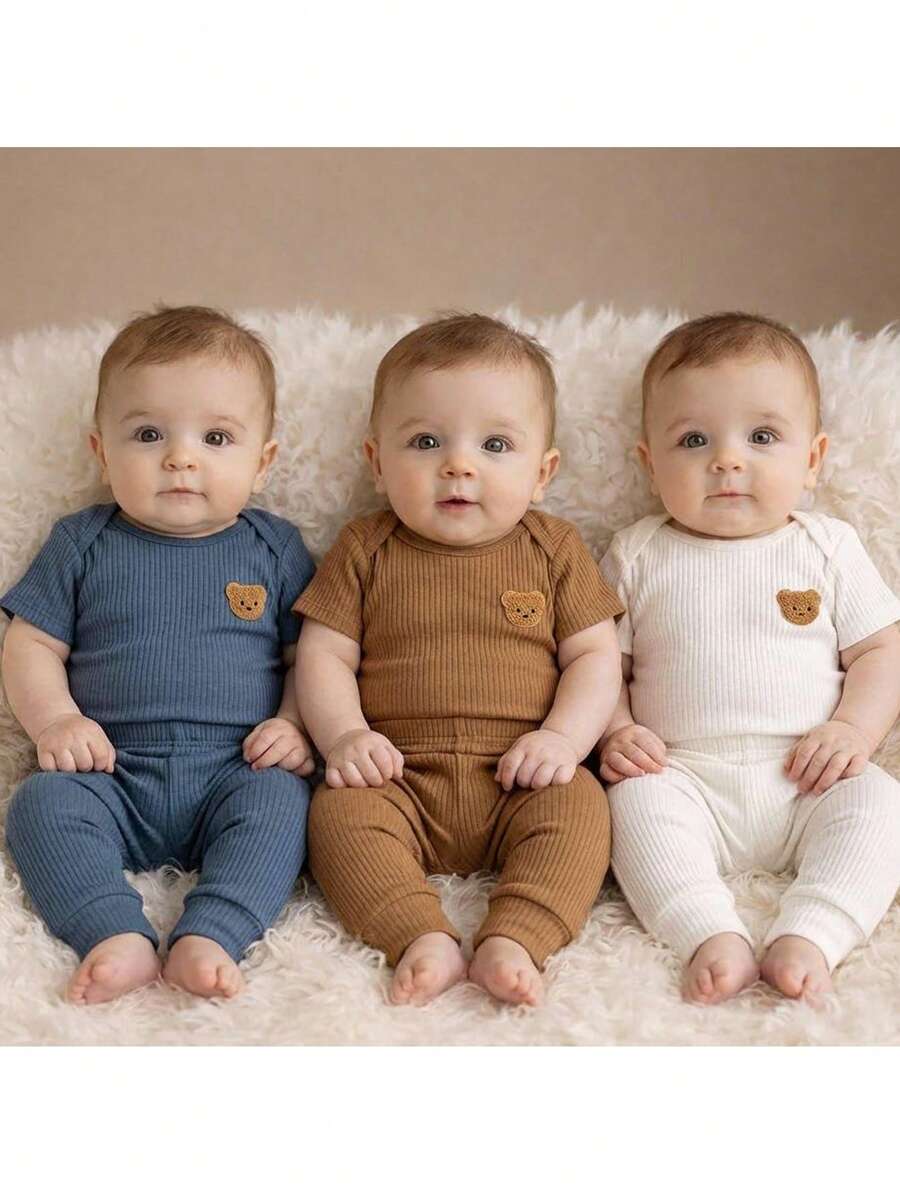 Loomiva Set de 6 piezas de top de manga larga con cuello redondo y pantalones de cintura elástica con estampado de oso de dibujos animados para bebé niña recién nacida - Caqui - Ver 1