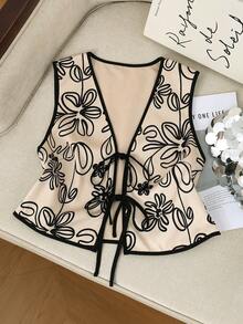 Franclia Chaleco sin mangas con cuello en V y estampado, con lazo/Chaqueta corta casual y versátil para uso diario - Albaricoque - Ver 4