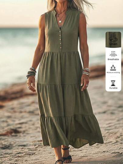 EMERY ROSE Women's Fashion Casual Sleeveless V-Neck Dress - Faux Button Design - Elegant For Commute - Suitable For Daily Wear And Travel/Vacation, Spring/Summer