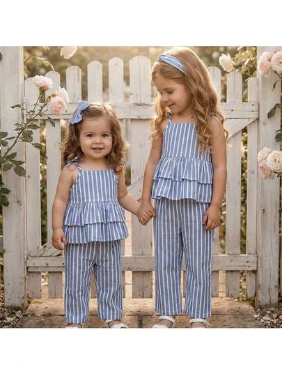Loomiva Baby Girl Blue & White Striped Sleeveless Top And Elastic Waist Pants 2 Pieces Set