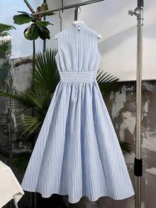 Franclia Women's Casual Commuter Striped Sleeveless Dress, Summer - Blue - View 3