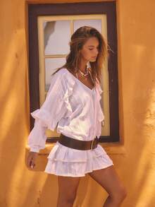 Aralina Ruffle Frill Lace Sheer Summer Spring Swim Vacation Beach Cover Up Mini Dress Sexy - White - View 6