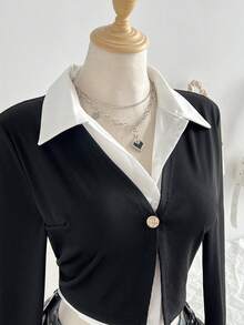 Lalippa Women's 2 In 1 Single-Breasted Long Sleeve Casual Shirt - Black and White - View 3