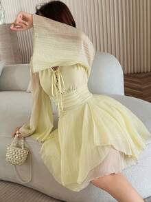 Feyla 女士优雅通勤纯色喇叭袖短裙 - 杏色 - 查看 7