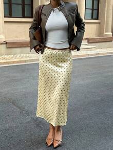 MainGRL Satin Cream Yellow Polka Dot Mermaid Hem Elegant Maxi Dress, Suitable For Women, New Year, Party Wear Polka Dot Skirt Yellow Skirt - Yellow - View 4