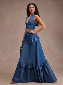 CLARA VERO Denim Ruffle Hem Button Front Vest And Maxi Skirt Set, Slim Fit, Perfect For Street Style, Weekend Brunch, Or Casual Summer Events, Made Of Soft Non-Elastic 100% Polyester Fabric - Dark Wash - View 1