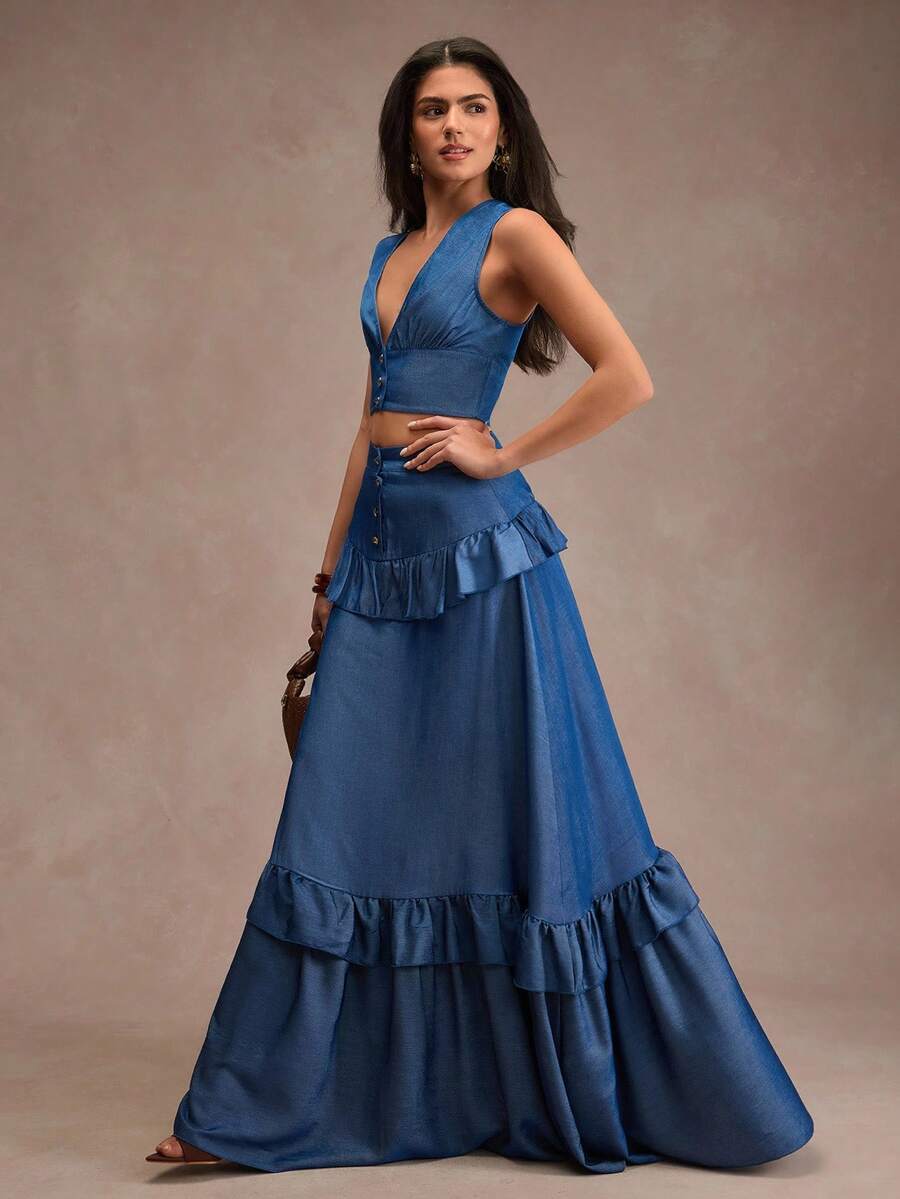 CLARA VERO Denim Ruffle Hem Button Front Vest And Maxi Skirt Set, Slim Fit, Perfect For Street Style, Weekend Brunch, Or Casual Summer Events, Made Of Soft Non-Elastic 100% Polyester Fabric - Dark Wash - View 1