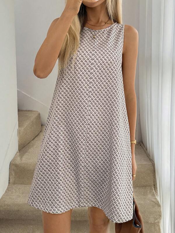 Easowa Round Neck Slant Pocket A-Line Sleeveless Dress, Geometric Repeating Print, Casual Relaxed Elegant Commute Vintage Style Summer Dress For Women