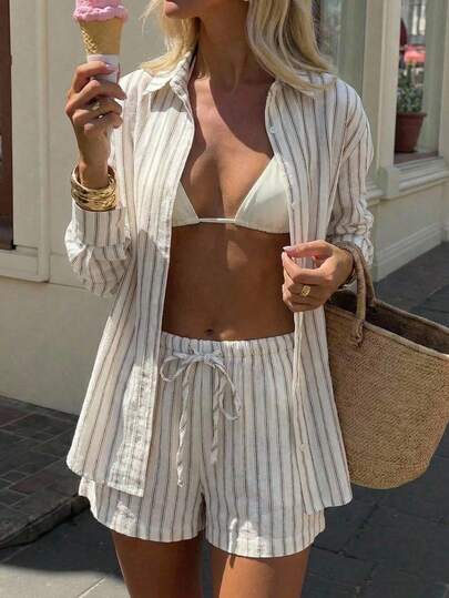 Aloruh Women's New Striped Chiffon Cover Up & Shorts Set, Loose Casual Vacation Outfit, Versatile Women's Beach Cover-Up Cover Up For Women Bathing Suit Cover Up Beach Cover Ups For Women Elegant Women's Beach Cover Up Swim Coverup Women Swimsuit Cover Up Women's Cover Up Beach Outfits For Women Beach Outfit For Women Beach Wear Women Women's Beachwear Women Beachwear