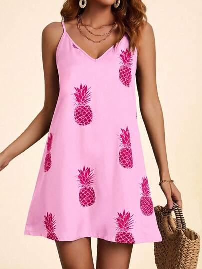 Coeurva Pineapple Print Cami Dress, Casual Vacation Style
