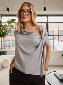 Hauture Women's Solid Color Asymmetric Neck Twist Knot Short Sleeve Casual/Work T-Shirt, Spring/Summer - Grey - View 1