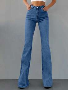 EURMUSE 98%Cotton Slim Fit Flared Jeans - Dusty Blue - View 1