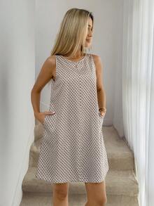 SHEIN LUNE Đầm chữ A không tay cổ tròn, túi xéo, họa tiết hình học lặp lại, kiểu dáng thoải mái, thanh lịch, phù hợp cho công sở, phong cách vintage mùa hè dành cho nữ. - Nhiều màu - Xem 4