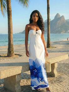 CAJUNI 白色长款无肩带无袖连衣裙，饰有大型水彩花卉印花 - 藍白色 - 查看 6