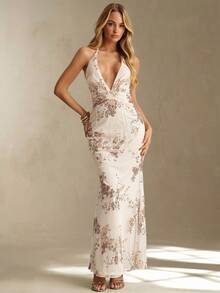 Glamine Women's Floral Sequin Deep V-Neck Backless Dress - Champagne - View 4