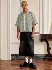 SWAVVY 男士休闲条纹印花宽松短袖衬衫，适合春夏季穿着 - 綠色 - 查看 3