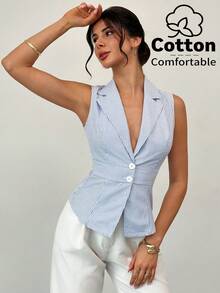 Firerie 女士优雅简约时尚通勤都市现代休闲蓝白条纹缺角领收腰纽扣背心 - 藍白色 - 查看 11