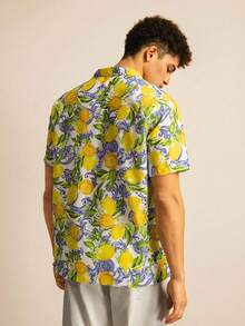 SWAVVY Vacation Style Digital Print Lapel Short Sleeve Button-Up Shirt For Men - Yellow - View 2