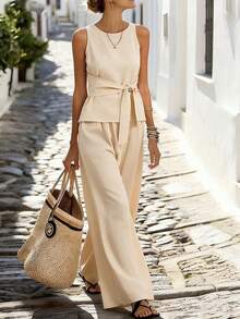 Breezaya 女士休闲时尚百搭系带圆领无袖上衣搭配宽松舒适长裤两件套，适合居家、度假、通勤、办公等场合。 - 杏色 - 查看 2