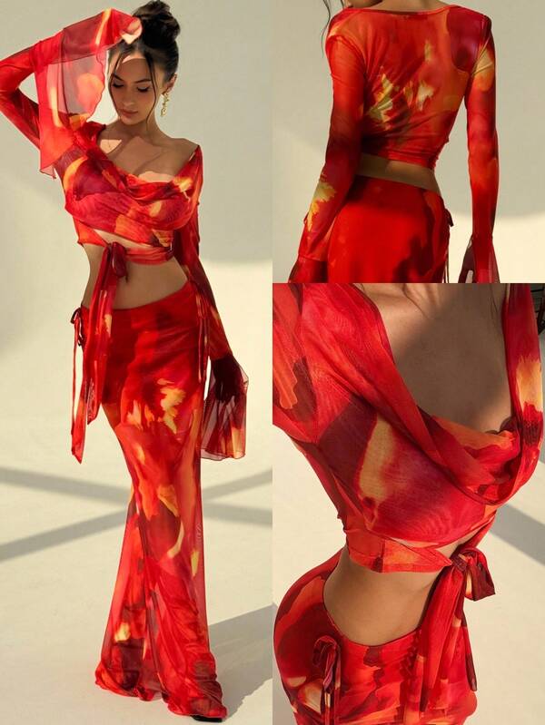 Aloruh 2pcs/Set Women Sexy Vacation Tie-Dye Ruffle Tie Front Flare Sleeve Shirt And Fitted Skirt Summer Summer Outfits Summer Clothes Beach Outfits For Woman  Beach Vacation Vacation Outfits Woman Boho  Tropical Vacation Woman Clothe  Floral    Tropical Vacation Woman Clothe Ruffle Summer Summer Dress  Summer Dresses For Women  Summer Outfits   Summer Clothes   Summer Outfits For Women Summer Holiday Outfits