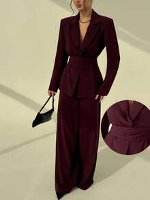 Aloruh 女士优雅商务套装，外套和裤子 - 中紫紅色 - 查看 2