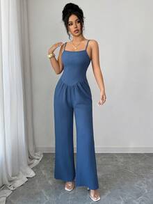 Elenzga Bộ áo liền quần không tay màu trơn dáng rộng dành cho nữ, thích hợp cho mùa hè. - Màu xanh hải quân - Xem 6