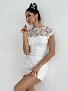 Firerie 女士优雅蕾丝透视修身迷你连衣裙，适合通勤、日常、假日、派对、生日、音乐节、度假、春夏等多种场合。 - 白色 - 查看 9