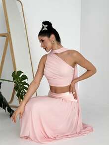 Firerie 女士优雅春夏浪漫海滩度假婚礼宾客伴娘约会派对生日舞会飘逸不对称上衣和高腰薄纱裙两件套，粉色 - 粉色 - 查看 9