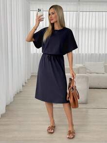 Easowa Women Cotton Midi Dresses Vacation Outfits Women,Casual Clothes Dark Blue Dress Drawstring Waist Women's Short Sleeve Navy - Navy Blue - View 4