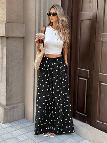 Pariaura Women's New Summer Vacation Style Black Polka Dot Wide-Leg Pants - High-Waisted, Flowy, Loose & Slimming Casual Trousers For Vacation & Travel - Black - View 5