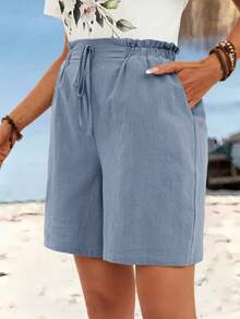 Sylviya Quần short vải lanh màu trơn, kiểu dáng thường ngày. - Màu xanh bụi bặm - Xem 3