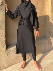 Swim Mulvari Women's Modest Solid Color Burkini Set - Black - View 6