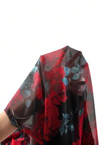 Gownix 女士印花褶皱领长袖修身中长连衣裙 - 紅色和黑色 - 查看 10