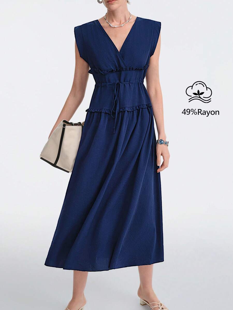Aalyst 都市时尚简约休闲度假新款女士深蓝色V领无袖荷叶边抽绳及踝连衣裙，适合日常穿着、婚礼、正式场合、通勤、毕业派对、假日、约会、聚会、万圣节、圣诞节、新年、感恩节等各种场合。 - 藏蓝色 - 查看 1