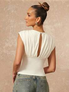 Lumalex 女士休闲圆领褶皱腰部短袖上衣 - 杏色 - 查看 8