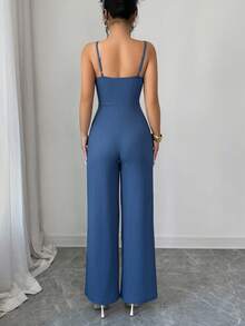 Elenzga Bộ áo liền quần không tay màu trơn dáng rộng dành cho nữ, thích hợp cho mùa hè. - Màu xanh hải quân - Xem 2