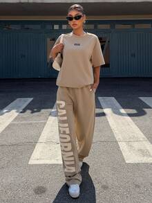 Muchica Women's Summer New Letter Print Knit Casual Loose Short Sleeve T-Shirt And Pants Set - Khaki - View 5