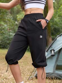 SHEIN In My Nature Women's Elastic Waist Drawstring Outdoor Running Capri Pants - Black - View 5