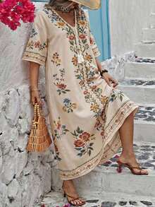 Ceyna 大码女式法式休闲优雅印花V领七分袖连衣裙 - 杏色 - 查看 5