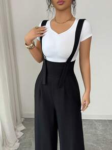 Elenzga New Arrival Black Herringbone Linen French Elegant Fashion Design High Cinched Waist Straight Wide Leg Loose Casual Everyday Versatile Jumpsuit For Women - Black - View 2