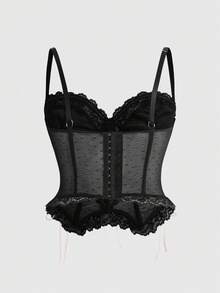 ROMWE Kawaii 大码女士时尚性感蕾丝抽绳设计钢圈吊带背心 - 黑色 - 查看 3