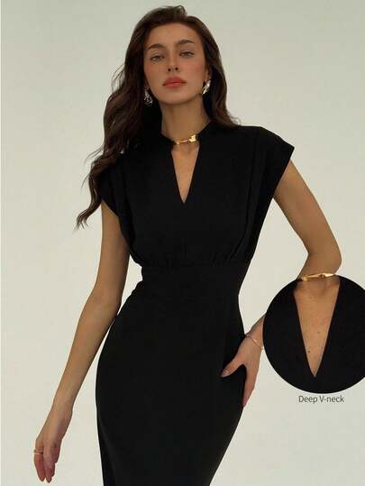 Aloruh Women's Solid Color V-Neck Cap Sleeve Fitted Midi Dress, Elegant Minimalana Black Long Dress With Wide Shoulders And Deep V, Sexy Elegant, Simple And Versatile For Commuting, Slimming Elegant Vacation Outfits Woman, Summer Dresses For Women,Graduation Dresses ,Bodycon Dress   Elegant  Elegant Dresses For Women  Elegant Dresses  Elegant Dress Women  Elegant Dress For Women  Elegant Dress    Elegant Dresses For Party  Elegant Dresses For Ladies   Elegant Long Dress  Elegant Blouses For Women
