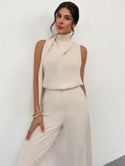 Firerie Women's Elegant Minimalist Fashion Commuter Urban Chic New Daily Casual Flowy Collar Sleeveless Blouse And High Waist Long Pants Apricot 2-Piece Set