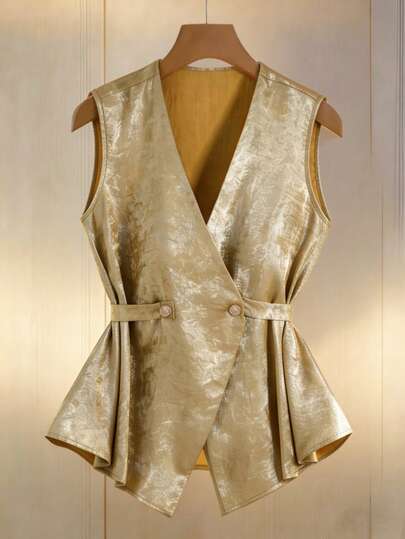 Franclia Gold Shimmer Sleeveless Vest | V-Neck Waist Cinched + Double-Breasted Decor, Luxury Party Elegant Top / Retro Commute Jacket