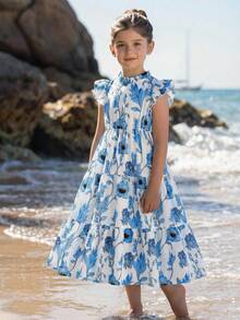 SHEIN LMoss Kids 女童雪纺碎花蝴蝶结圆领荷叶边下摆休闲连衣裙 - 彩色 - 查看 4